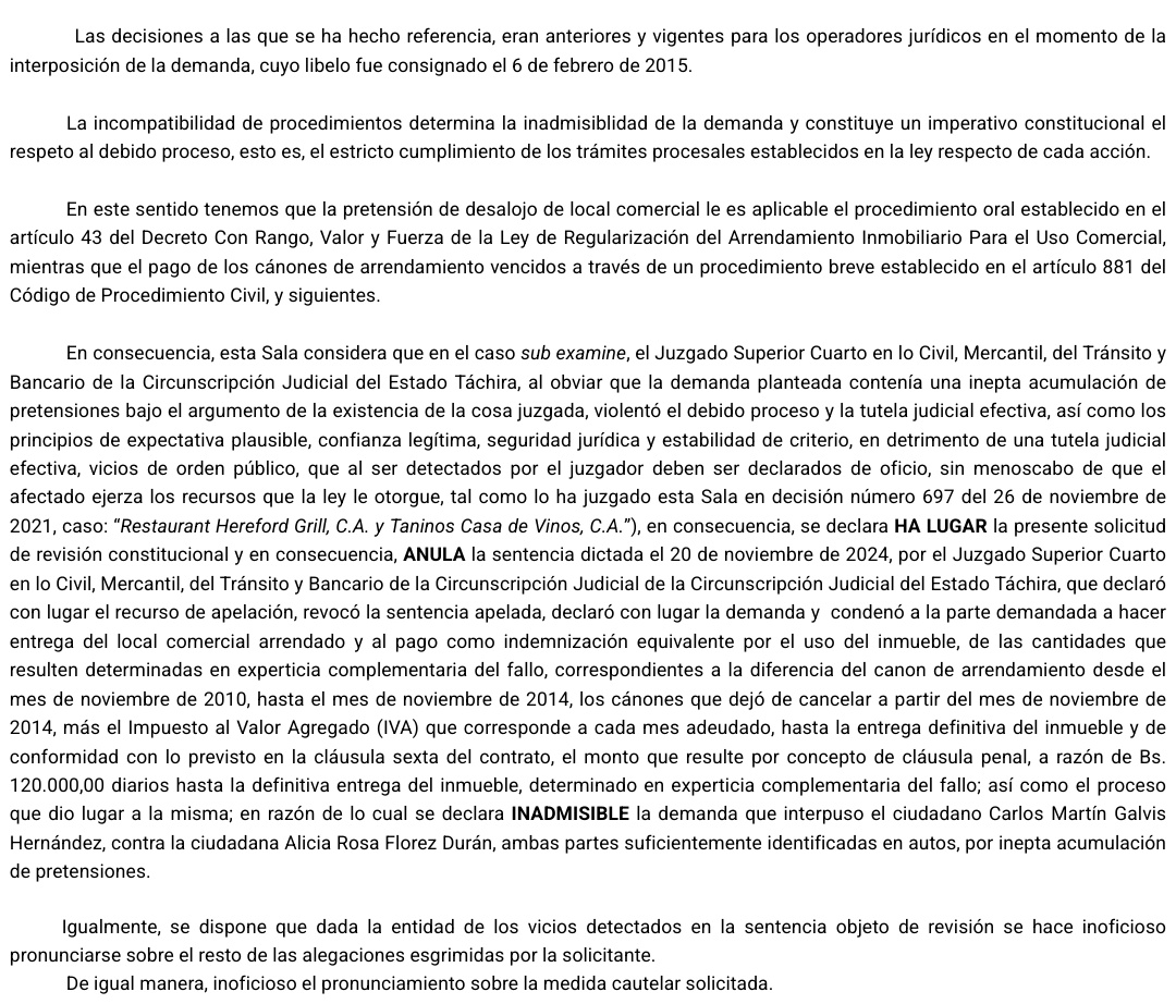 Wilson Gómez Guevara (@wilsongomezgb) on Twitter photo Sentencia N° 0641 del 06/05/2025 Sala Constitucional <a href="/TSJ_Venezuela/">TSJ Venezuela</a>
Inepta acumulación de pretensiones. Desalojo de local comercial le es aplicable el procedimiento oral. Pago de los cánones de arrendamiento vencidos a través de un procedimiento breve
historico.tsj.gob.ve/decisiones/sco… Sentencia N° 0641 del 06/05/2025 Sala Constitucional <a href="/TSJ_Venezuela/">TSJ Venezuela</a>
Inepta acumulación de pretensiones. Desalojo de local comercial le es aplicable el procedimiento oral. Pago de los cánones de arrendamiento vencidos a través de un procedimiento breve
historico.tsj.gob.ve/decisiones/sco…