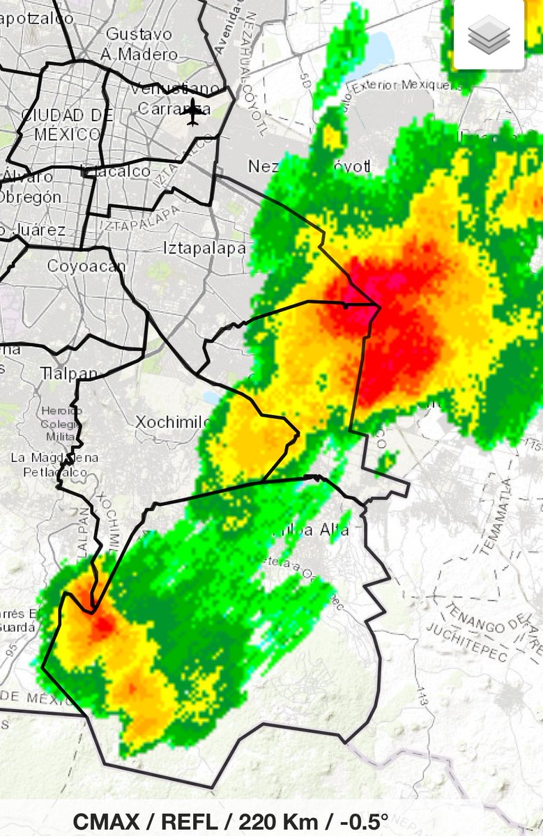 Meteoalert_CDMX's tweet photo. 🔴⛈️PRECAUCIÓN por desarrollo de intensas tormentas al oriente de #CDMX con granizo entre IZP, TLH, MLP, XOC, extendiéndose en dirección poniente lentamente.

⚠️Granizo, viento e inundaciones en próximas horas https://t.co/tJMSsS0B2Y