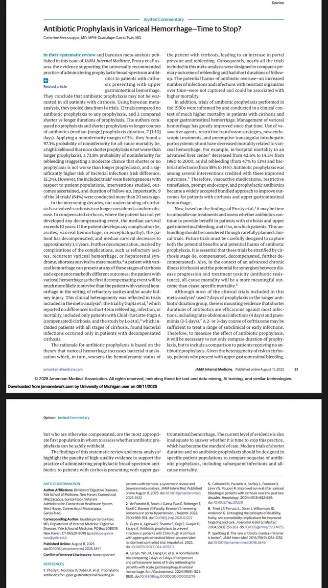 Terrific editorial by Mezzacappa and Lupe GGT 

1. Antibiotic prophylaxis in cirrhosis with UGIB should be examined carefully
2. A meta-analysis of old and unrepresentative studies sadly cannot answer any questions