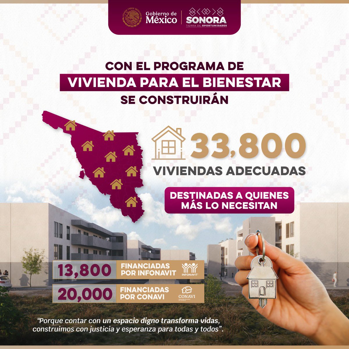 MultimediaCabrk's tweet photo. El Gobierno de México y el de Sonora impulsan el Programa de Vivienda para el Bienestar, con el que se construirán 33,800 hogares dignos para quienes más lo necesitan.
13,800 serán financiadas por INFONAVIT y 20,000 por CONAVI, garantizando espacios seguros y adecuados. https://t.co/0BYjtOEXuj
