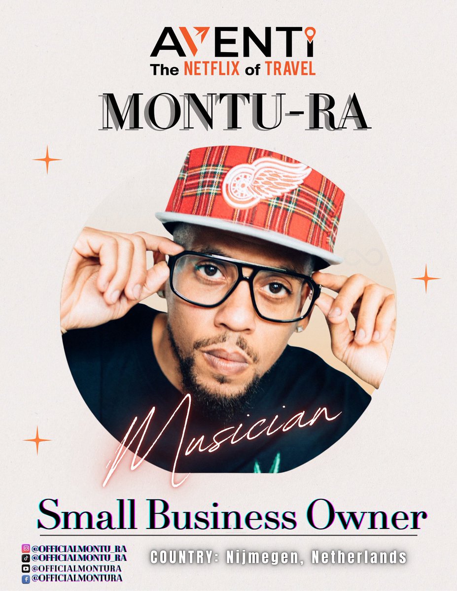 Aventi_Travel's tweet photo. 🔥 AVENTI INFLUENCER SPOTLIGHT 🔥

Meet Montu-Ra 🎤 Musician • Entrepreneur • AVENTI Ambassador 🌍 from Nijmegen, Netherlands.
He’s bringing his creativity, hustle & vision to inspire the world to travel more, spend less, & earn while doing it.
🎶 Listen: https://t.co/wJTCAKE7n4
📲 Follow: @OfficialMontu_Ra

#AVENTITravel #AVENTISpotlight #CreatorSpotlight #MusicAndTravel #GlobalCreators #LuxuryForLess