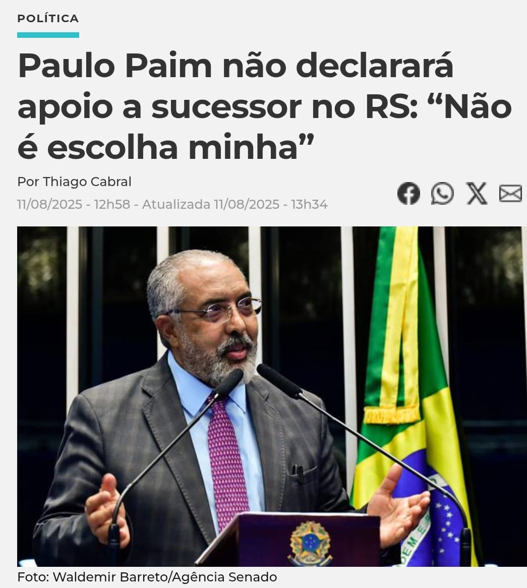 Paulo Paim não declarará apoio a sucessor no RS: “Não é escolha minha” | Vero Notícias. Leia aqui share.google/cYHnesOeMjpyml…