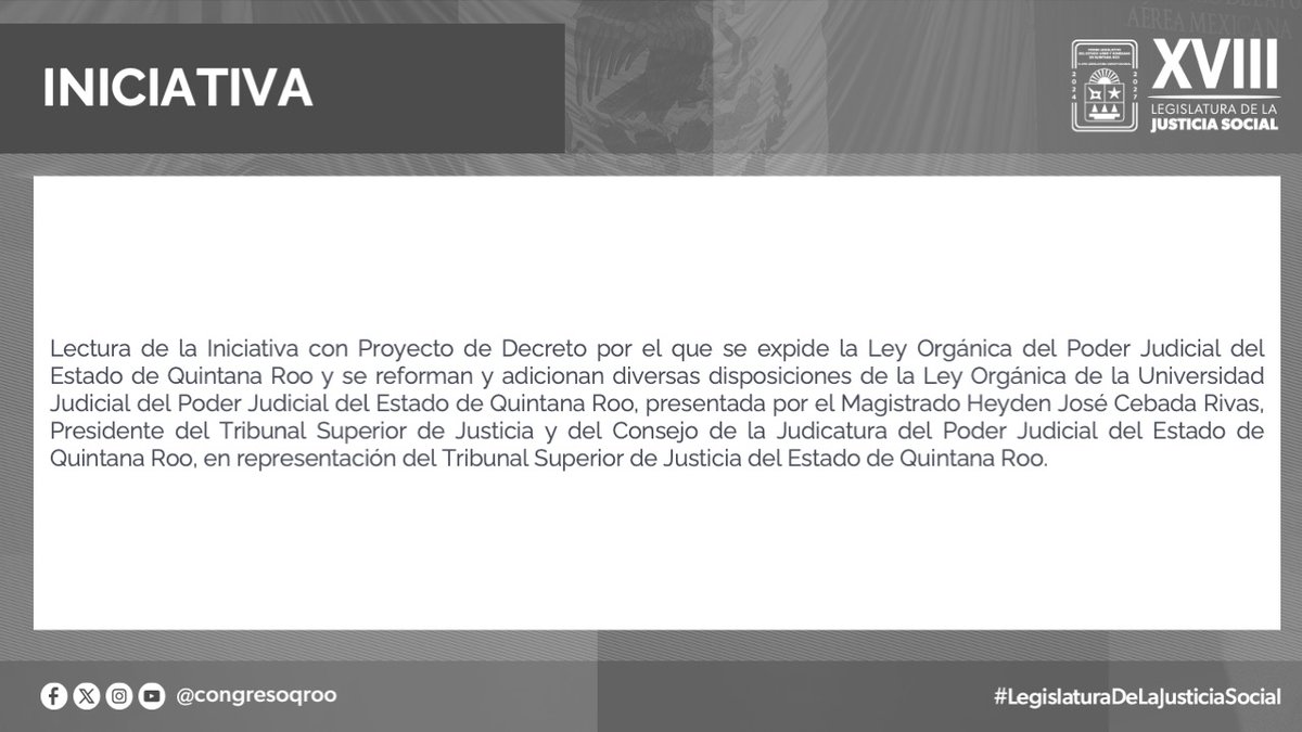 #ComisiónPermanente Lectura de la Iniciativa con Proyecto de Decreto por el que se expide la Ley Orgánica y se reforman y adicionan diversas disposiciones de la Ley Orgánica de la Universidad Judicial, ambas del Poder Judicial del Estado de Quintana Roo
🔴
facebook.com/CongresoQRoo/v…