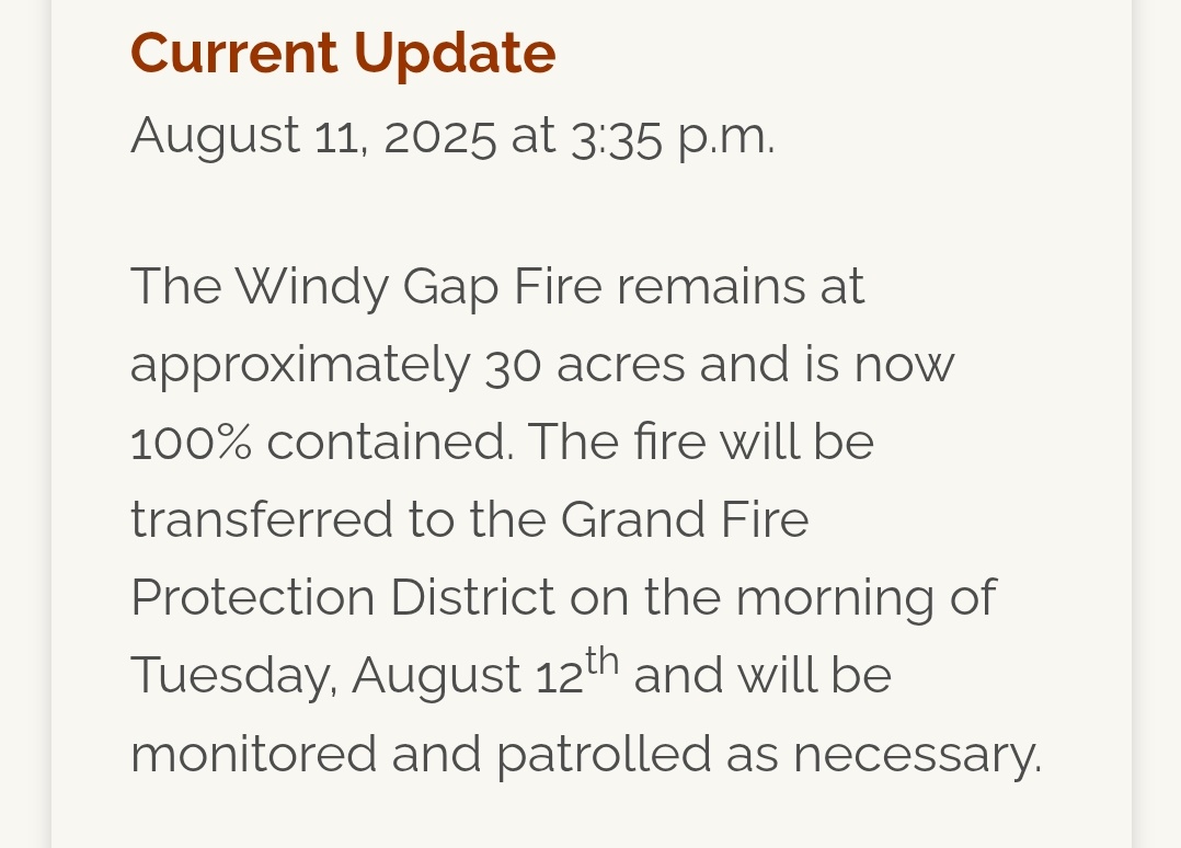 #WindyGapFire is now 100% contained per <a href="/GrandCountyOEM/">Grand County Office of Emergency Management</a>