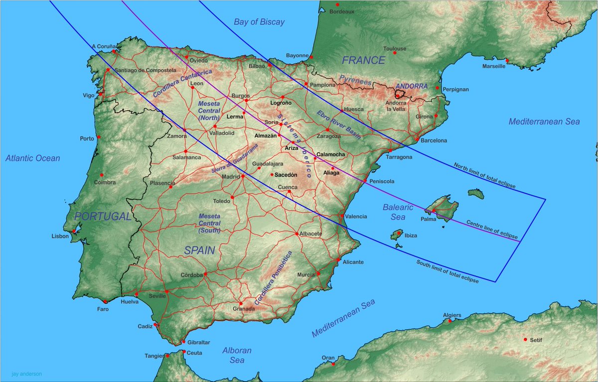 Heute in einem Jahr (12.08.2026) wird eine totale Sonnenfinsternis durch Spanien laufen. In Nordspanien wird sie abends tief über dem Horizont stehen.

Es wird die letzte totale SoFi in Kontinentaleuropa für die nächsten Jahrzehnte sein. Falls jemand mit dem Camper fahren möchte.
