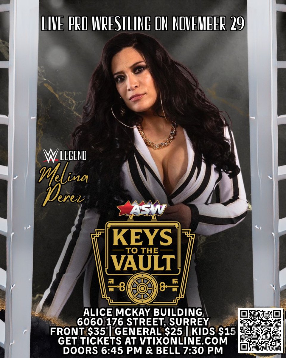 ASWCANADA's tweet photo. Double woah!

Look who is showing up for Keys to the Vault on Nov. 29 in Cloverdale!

@RealMelina!

Cloverdale, the heat and spicy quotient just rose substantially! See you at Keys to the Vault!

https://t.co/s75lSXfC8R https://t.co/1fO3icwqOw