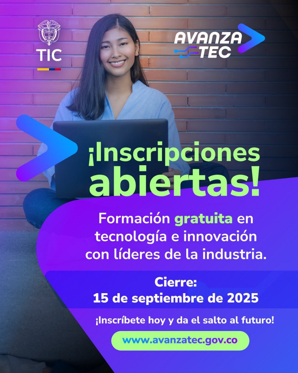 Julián Molina Gómez (@julianrmolinag) on Twitter photo ¡#AvanzaTEC2025 abre inscripciones!
Desde el <a href="/Ministerio_TIC/">Ministerio TIC</a> seguimos impulsando este programa de formación gratuita y virtual para que más colombianos accedan a certificaciones internacionales en habilidades digitales de alto nivel.
AvanzaTEC es parte del compromiso del ¡#AvanzaTEC2025 abre inscripciones!
Desde el <a href="/Ministerio_TIC/">Ministerio TIC</a> seguimos impulsando este programa de formación gratuita y virtual para que más colombianos accedan a certificaciones internacionales en habilidades digitales de alto nivel.
AvanzaTEC es parte del compromiso del