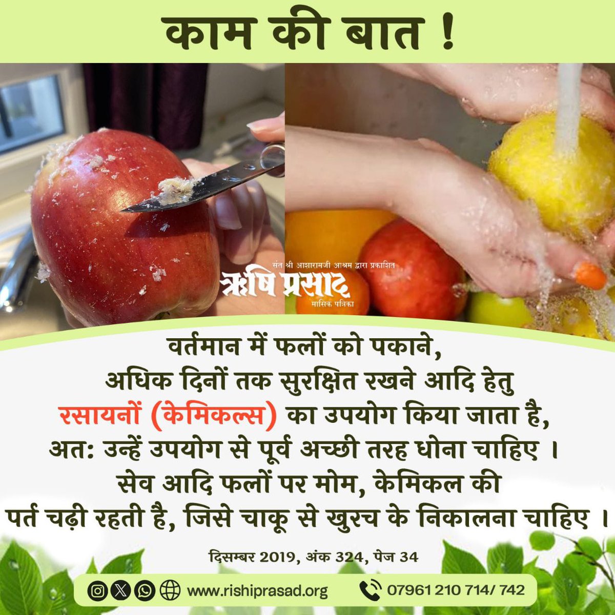 काम की बात !
वर्तमान में फलों को पकाने, अधिक दिनों तक सुरक्षित रखने आदि हेतु
रसायनों (केमिकल्स) का उपयोग किया जाता है, अत: उन्हें उपयोग से पूर्व अच्छी तरह धोना चाहिए । सेव आदि फलों पर मोम, केमिकल की
पर्त चढ़ी रहती है, जिसे चाकू से खुरच के निकालना चाहिए ।
दिसम्बर 2019, अंक 324,