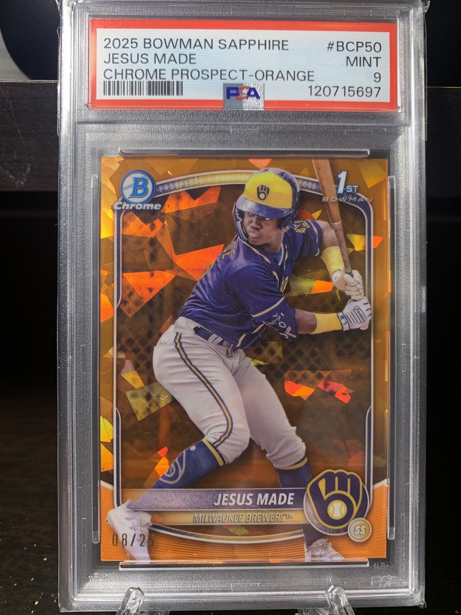 power_prospects's tweet photo. Jesus Made 1st Bowman Chrome Sapphire/25 PSA 9 750 OBO #thehobby #jesusmade #brewcrew https://t.co/hKkTptk3de