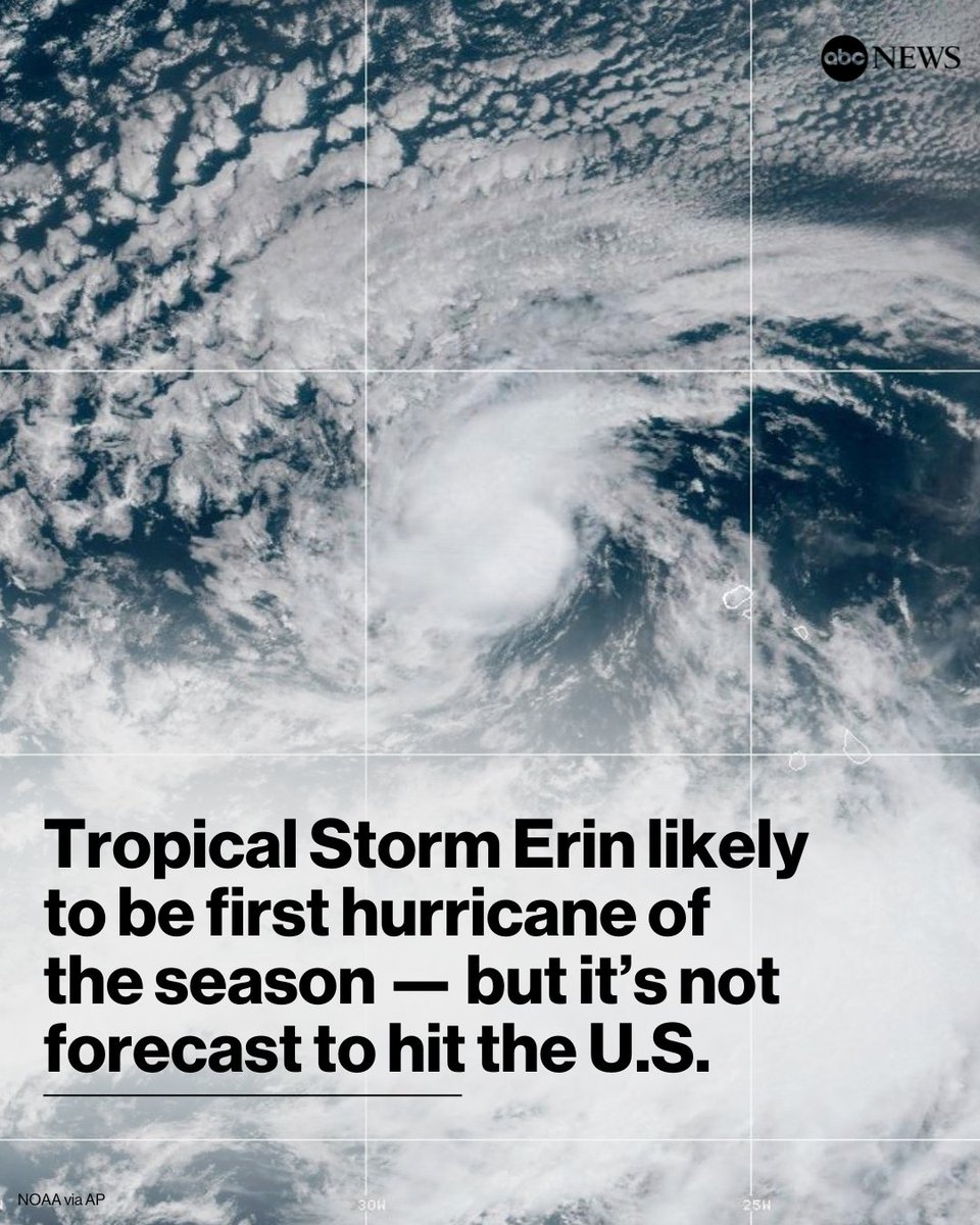 ABC's tweet photo. Tropical Storm Erin is forecast to strengthen into the first hurricane of the Atlantic season by Wednesday — but as of now, Erin is not expected to pose a direct threat to the U.S. https://t.co/lynX5Xpbos https://t.co/ENGafQvz1a