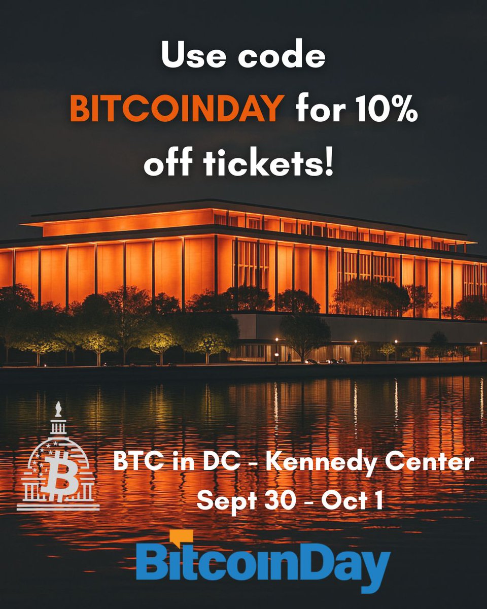 Bitcoiners in DC?
Yes, really.
Yes, at the Kennedy Center.
Yes, you should be there!
🗓 Sept 30 &amp; Oct 1 — Kennedy Center
Code BITCOINDAY for 10% off.
