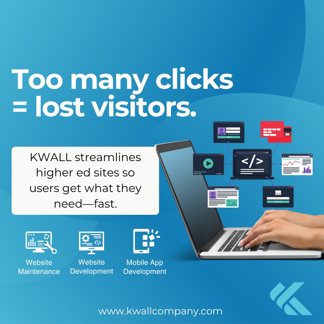 kwallcompany's tweet image. 💡 Make It Better Monday
Too many clicks = lost visitors.
We help higher ed sites cut the clutter and simplify user flows so students and staff can get where they need to go—fast.

At KWALL, we believe fewer clicks = better UX.
#UXDesign #HigherEdWeb #SimplifyNavigation #KWALL