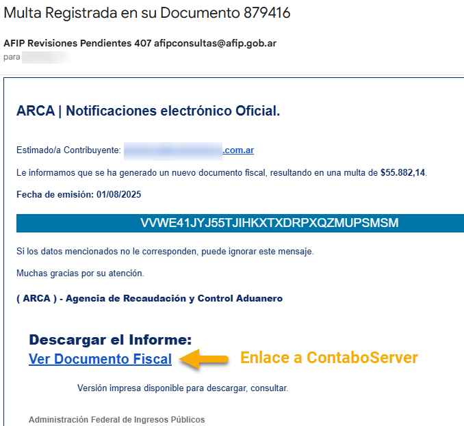 SeguInfo's tweet photo. 🚨🚨CUIDADO: nuevo #phishing en un correo de @ARCA_informa (ARCA) con una multa FALSA.
En enlace lleva a un sitio de #contaboserver (as usual) y desde ahí se descarga un ejecutable/VBS/PS de Mediafire (no disponible just now). https://t.co/ZgwyiZ4HK9