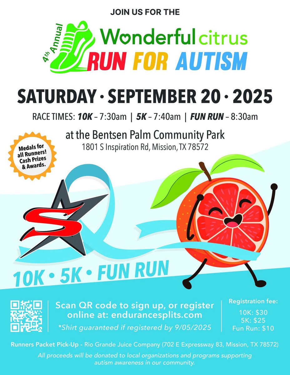 🌟 Join Sharyland ISD in making every step count for a great cause! 🌟
We’re proud to partner with Wonderful Citrus for the 4th Annual Run for Autism—an event that helps fund essential programs for our Special Education students at SISD. 💙

Your participation not only supports