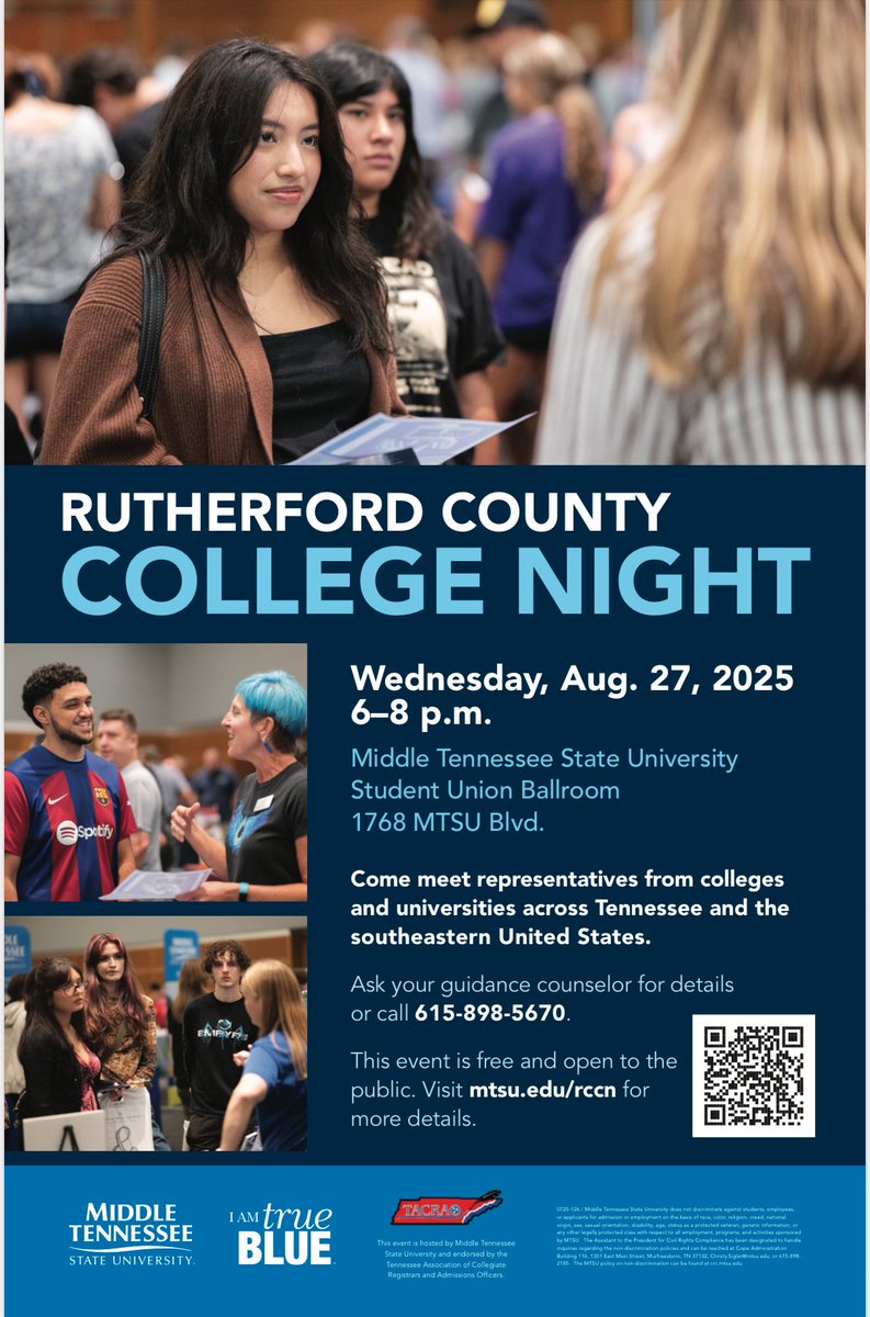 Rutherford County College Night is Wednesday, August 27th from 6-8pm at MTSU. Meet with reps from colleges across TN and the southeastern US. Visit MTSU.edu/rccn for more details.