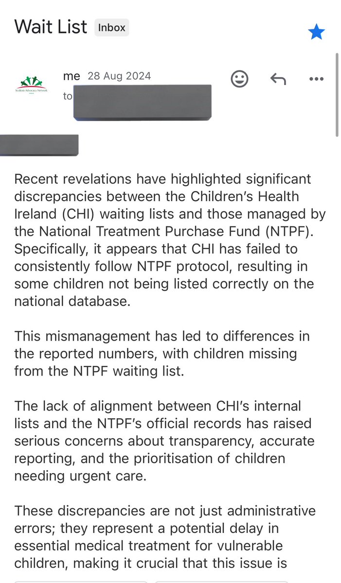 scolionetwork's tweet photo. We & @SBH_PAG could see the discrepancies in @CHI_Ireland scoliosis waiting list figures - but instead of informing parents, they were brushed under the carpet. @BernardGloster 

We raised our concerns with the #NTPF.
We contacted the Spinal Business Management Unit - the team tasked with improving #scoliosis care.

What did they do?
Withheld information parents had every right to know.
Ignored emails.
Refused to answer direct questions about their child’s wait listing. @CarrollJennifer 

Harvey was removed from a list without his parents’ knowledge … left waiting for a surgery that was never going to happen. That’s a disgrace and not child centric care. 

This was known. It was raised. It was ignored.
Disgraceful carry on and children paid the price. @SimonHarrisTD 

#Scoliosis #JusticeForHarvey #Accountability @GillSherratt23 @Stephen63224725