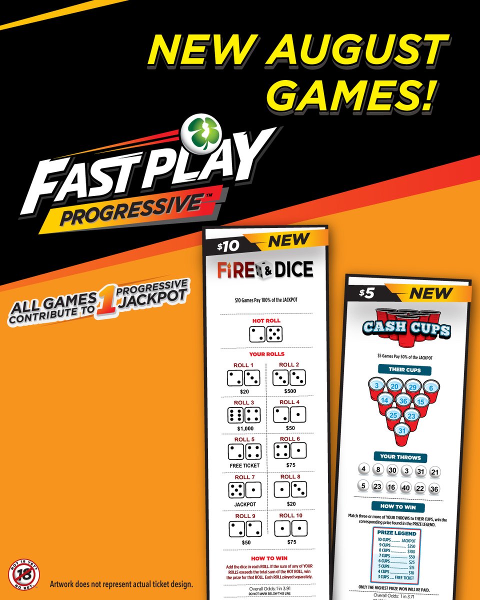 NJLottery's tweet image. August is here which means new #FastPlayProgressive tickets just dropped! ⏩ Get all new $5 Cash Cups and $10 Fire &amp;amp; Dice #FastPlay tickets TODAY! For more information, visit NJLottery.com/FastPlay. 🔥