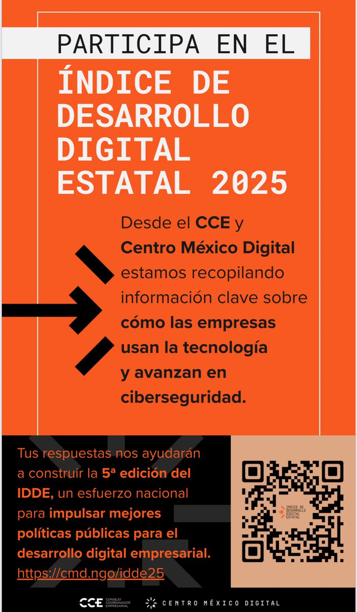 cceoficialmx's tweet photo. La voz de las #empresas de #México es clave para impulsar el futuro digital.
Desde el #CCE los invitamos a participar en la encuesta del Índice de Desarrollo Digital Estatal (#IDDE).
Responde aquí: 👉🏻 https://t.co/K2RxLyXalR https://t.co/JpvZ3fdMlI