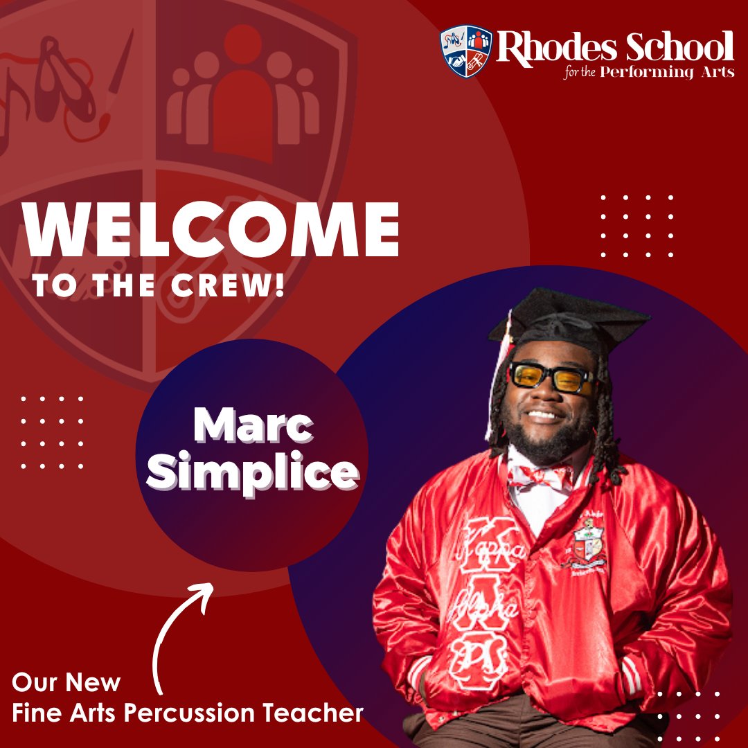 New CREW Alert!🎉 RSPA welcomes Marc Simplice to the CREW as your new Fine Arts Percussion Teacher! 🎉💼🌟 Drop him a warm hello below!❤️💙Be sure to visit Mr. Simplice at the Meet the Teacher tonight from 5-7 PM! 

#RhodesSchool #WelcomeNewCREW #WeAreCREW