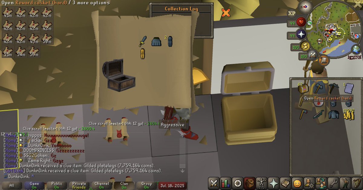 Opened nearly 2000 caskets in the last month. Greened beginners, 140+ log slots including a few rare items!