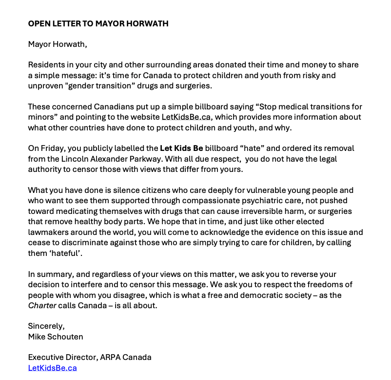 Open letter to <a href="/AndreaHorwath/">Andrea Horwath</a>, who ordered our billboard taken down from the Lincoln Alexander Parkway on Friday. LetKidsBe.ca