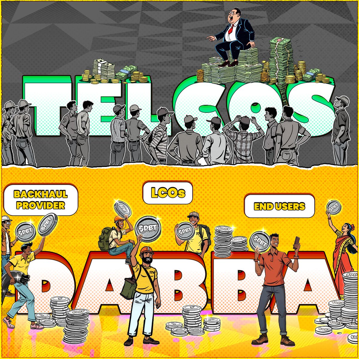 DabbaNetwork's tweet photo. Traditional telcos take all the profits.

Dabba distributes it to the entire network.

And passes on the savings to end consumers. https://t.co/NRnDlLJAft