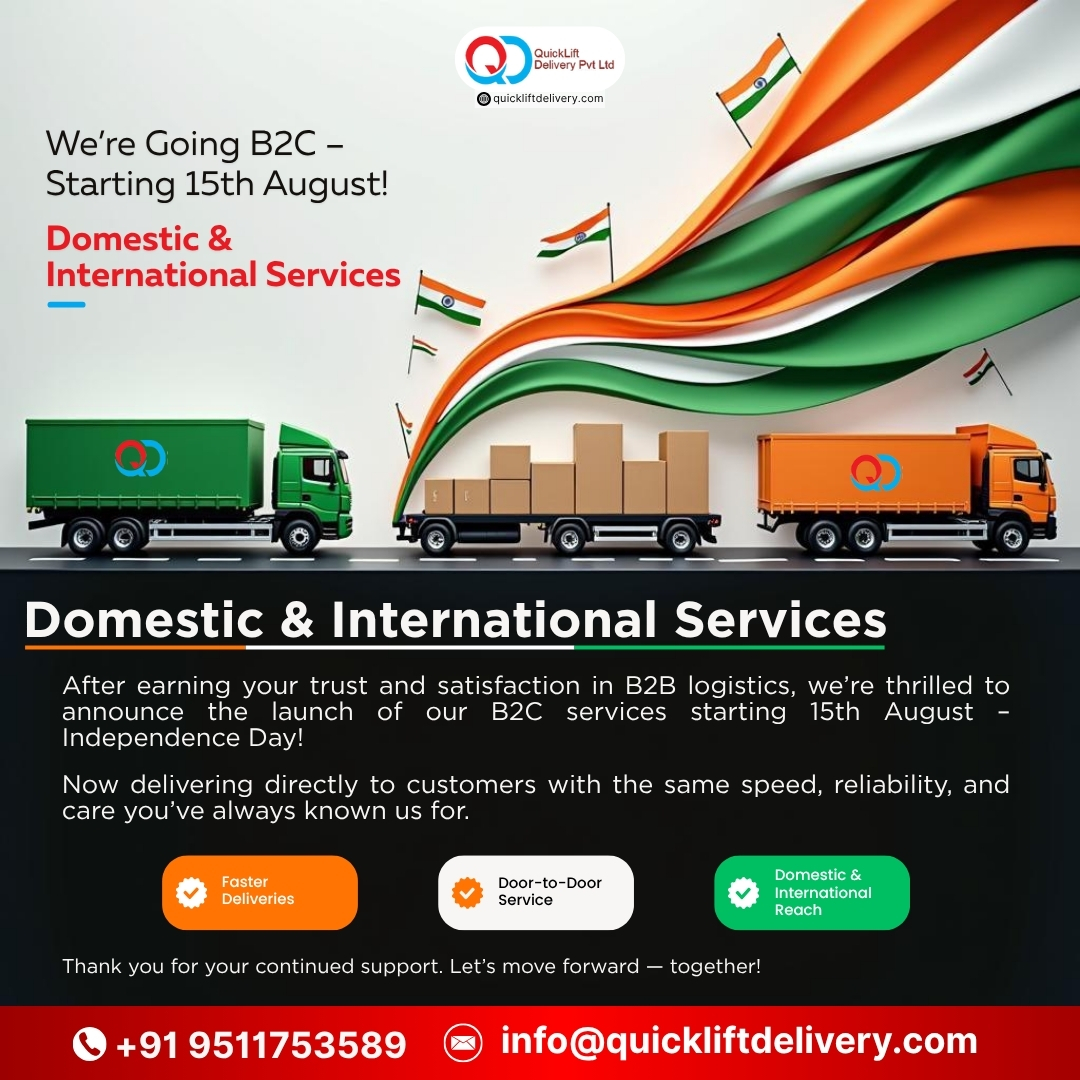 QuickliftD's tweet image. Starting 15th August, QuickLift is bringing the same speed, trust, and reliability from our B2B logistics to B2C deliveries — now with Domestic &amp;amp; International Services. 🌍📦

#QuickLift #LogisticsMadeEasy #B2CDeliveries #DomesticAndInternational #SwiftDeliveries