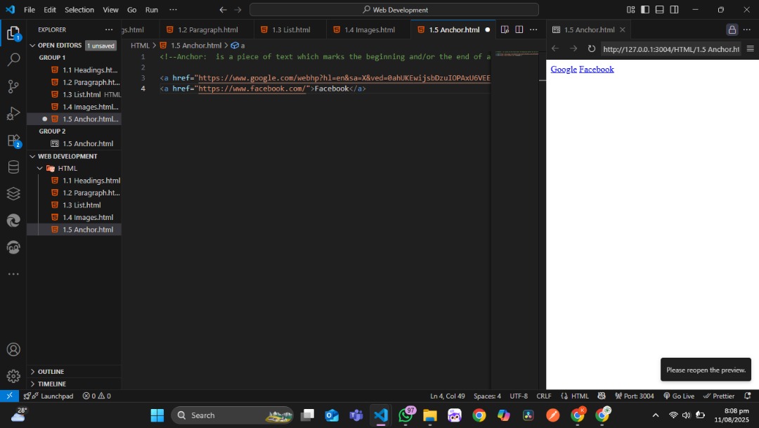 rasak_code's tweet image. 🚀 Day 1 of My Tech Journey!
Today I officially started my studies in web development. I dove into HTML and covered:
Headings
Paragraphs
Lists
Images
Anchor tags
Excited to keep learning and building! 💻✨ #HTML #WebDevelopment #LearningJourney #Tech