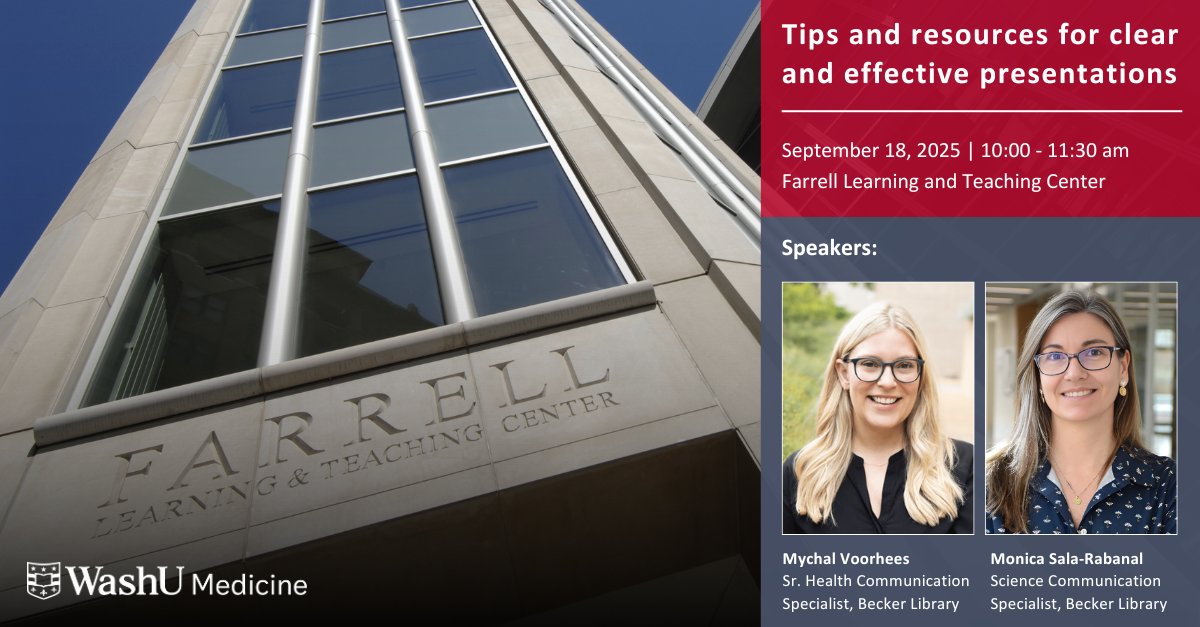 Register for Tips and Resources for Clear and Effective Presentations on September 18th 10-11:30am.

Mychal Voorhees, Sr. Health Communication Specialist and Monica Sala-Rabanal, Science Communication Specialist, <a href="/BeckerLibrary/">WashU Medicine Becker Library</a> will present.

Learn more> l8r.it/8UXW
