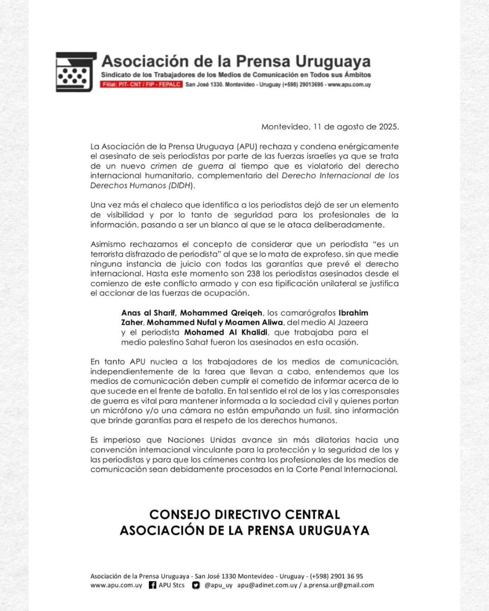 📢 COMUNICADO APU 

Condenamos el asesinato de 6 periodistas en Gaza por fuerzas israelíes, crimen de guerra y violación al derecho internacional. 

Exigimos a la <a href="/ONU_es/">Naciones Unidas</a>  proteger la labor periodística y juzgar estos crímenes en la CPI.