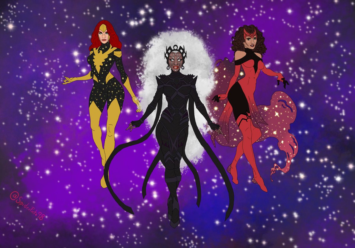 SpiderPato98's tweet photo. Couldn’t wait to get all their new suits drawn by the same artist so had to take matters into my own hands. The Triple Goddesses aka Marvels elite trio https://t.co/1UXgZrVFgv