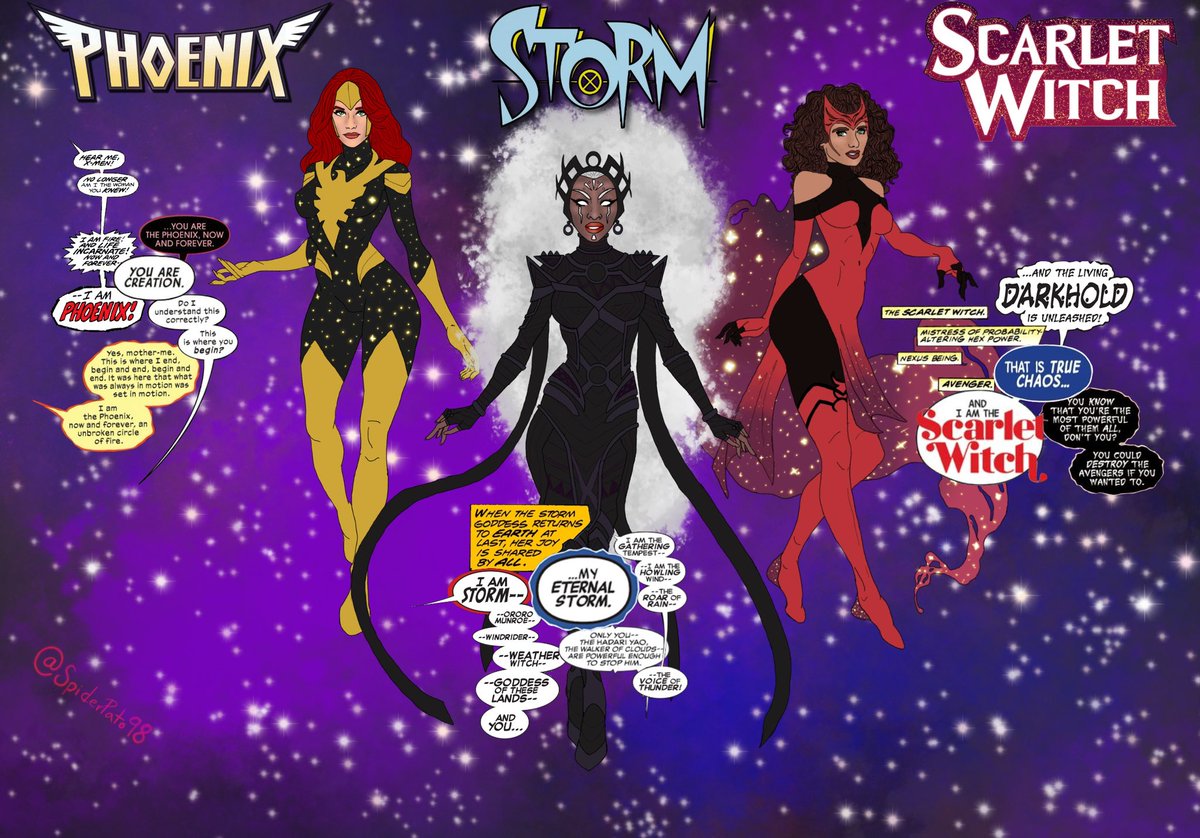 SpiderPato98's tweet photo. Couldn’t wait to get all their new suits drawn by the same artist so had to take matters into my own hands. The Triple Goddesses aka Marvels elite trio https://t.co/1UXgZrVFgv