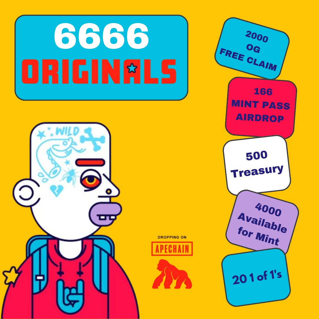 6666 ORIGIN🅰️LS DROPPING ON 🅰️PECHAIN 

2000 OG FREE CLAIMS

166 MINT PASS 🅰️IRDROP 

500 TREASURY 

4000 🅰️VAILABLE TO MINT 

20 UNIQUE 1 OF 1's 

MINT DATE &amp; PRICE TB🅰️ 🤘
