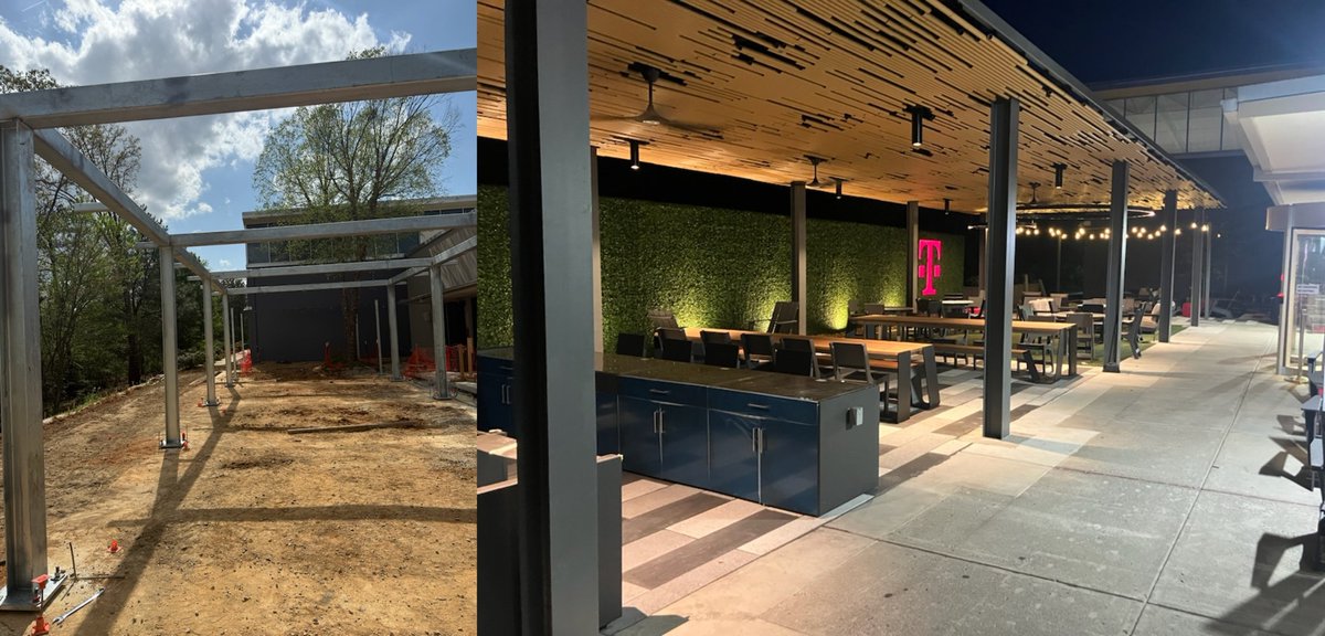 Its not often Reliant Building Solutions gets to see what happens after we leave. The two pictures show us putting up structural steel for an outdoor feature at a corporate headquarters and what that same feature looks like in its completed state.  #structuralsteel