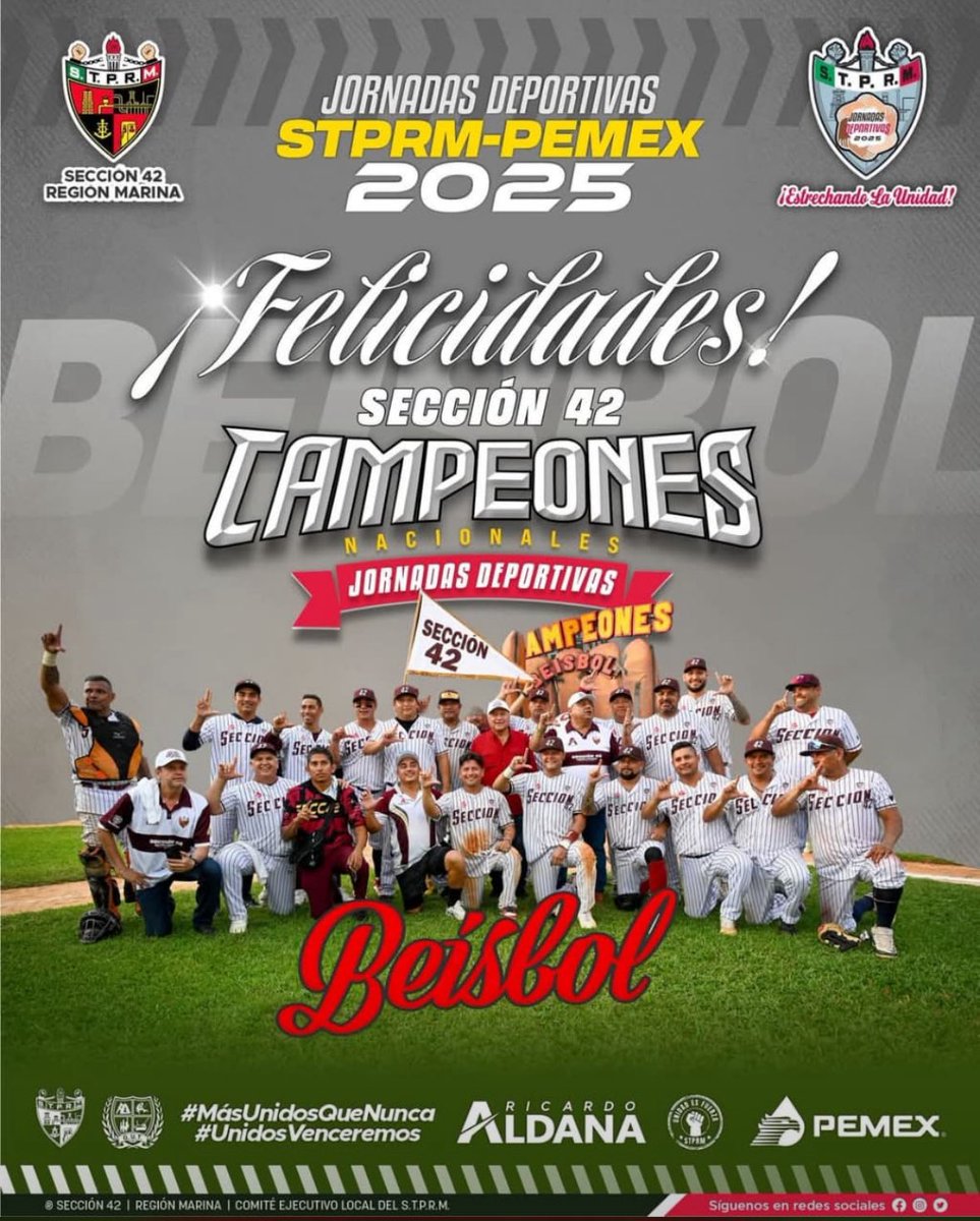 Muchas felicidades a los campeones de béisbol <a href="/Seccion42_STPRM/">Seccion 42 STPRM Oficial</a>  con el apoyo de nuestro líder <a href="/lgps03101/">@lgps0310</a> y nuestro secretario general <a href="/MarcoAzuara1/">Marco Azuara</a>