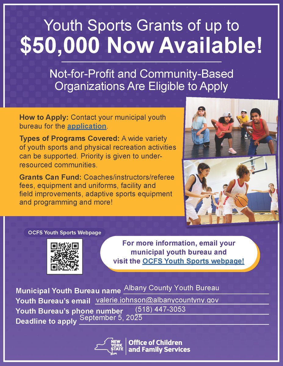 Youth sports programs are essential to the overall health, wellness, and development of our children. The New York State Office of Children and Family Services has made $50,000 in grant funding available for a wide variety of youth sports and other physical recreation activities.