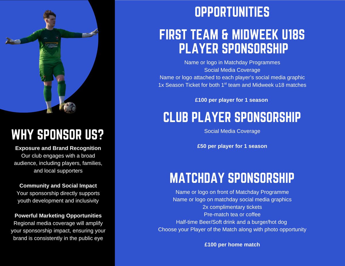 INCOMING SPONSORSHIP 📣

3 club players have been sponsored for the upcoming season!

Oakley Benstead will be sponsored by Lynn Crawford Sports Massage

Rikki Wilmer will be sponsored by <a href="/WseyCurryClub/">Whittlesey Curry Club</a> 

Cam Hibbins will be sponsored by Tina’s Childcare

Thanks for your support!