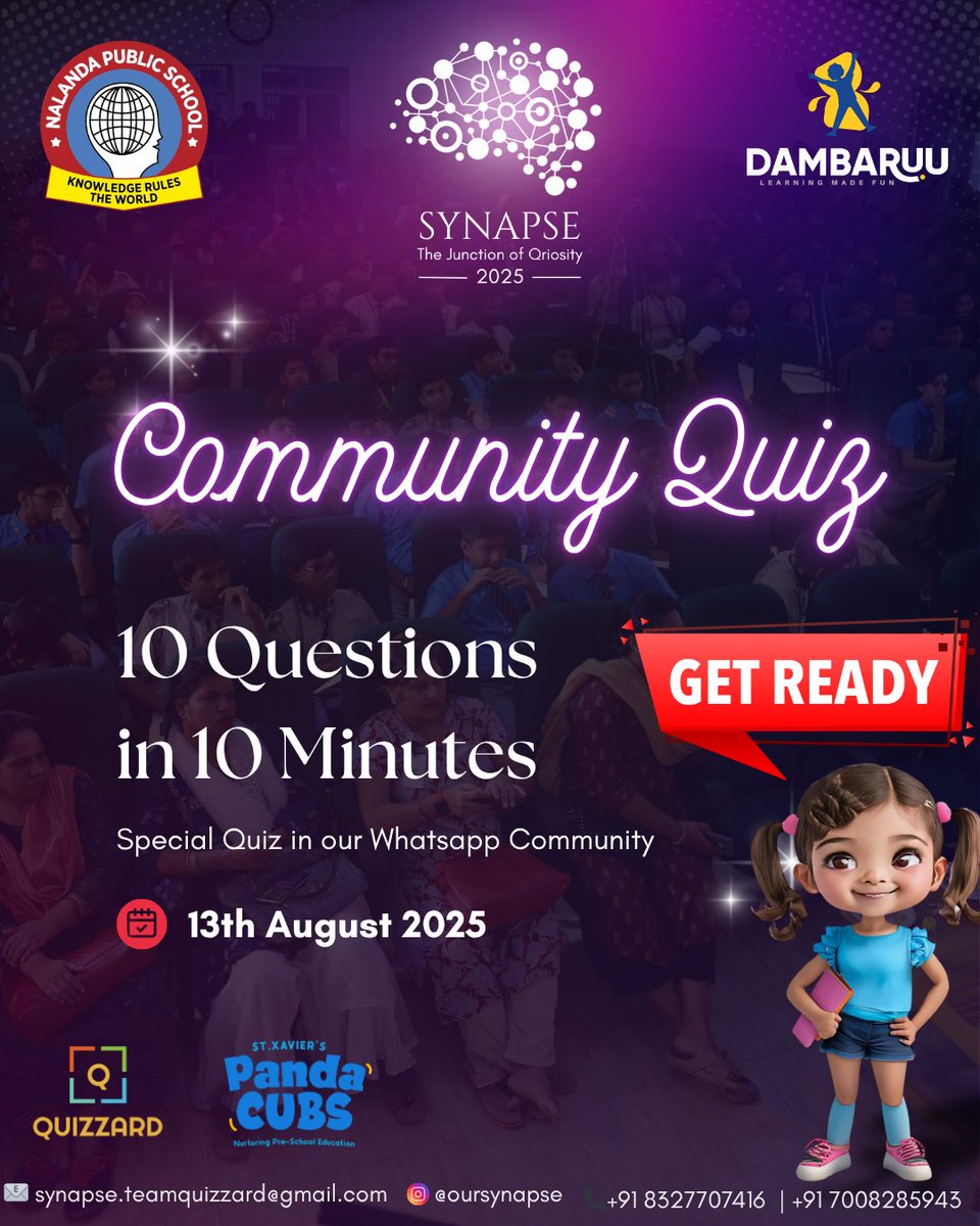 _oursynapse_'s tweet photo. Join us on 13th August 2025 in our WhatsApp community for this fun, fast-paced quiz. 🫰

• Everything is FREE, and yes, there's a prize waiting for you. 

• To join, head to our bio and click the WhatsApp community link &amp; wait for other details there itself. 🤝 https://t.co/cKxZVFF8nr