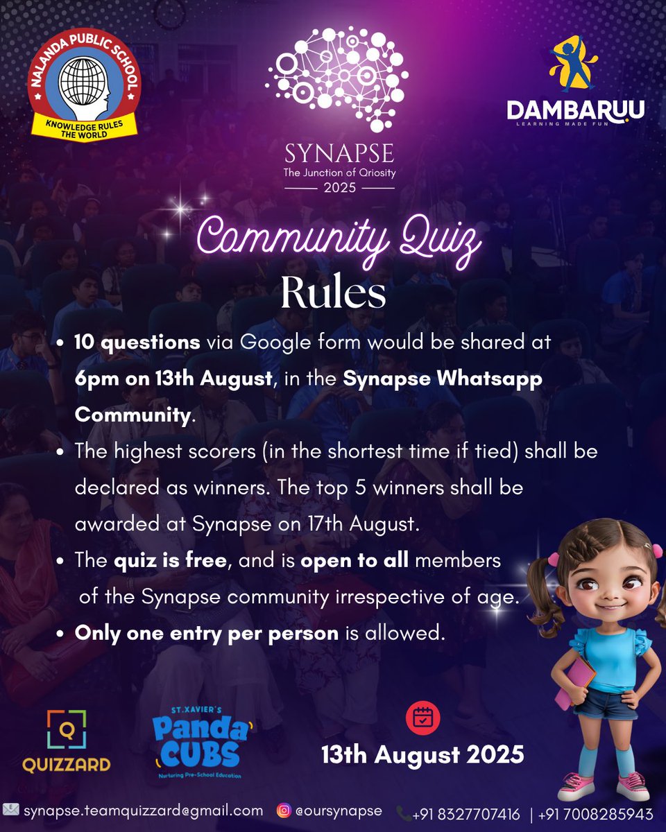_oursynapse_'s tweet photo. Join us on 13th August 2025 in our WhatsApp community for this fun, fast-paced quiz. 🫰

• Everything is FREE, and yes, there's a prize waiting for you. 

• To join, head to our bio and click the WhatsApp community link &amp; wait for other details there itself. 🤝 https://t.co/cKxZVFF8nr