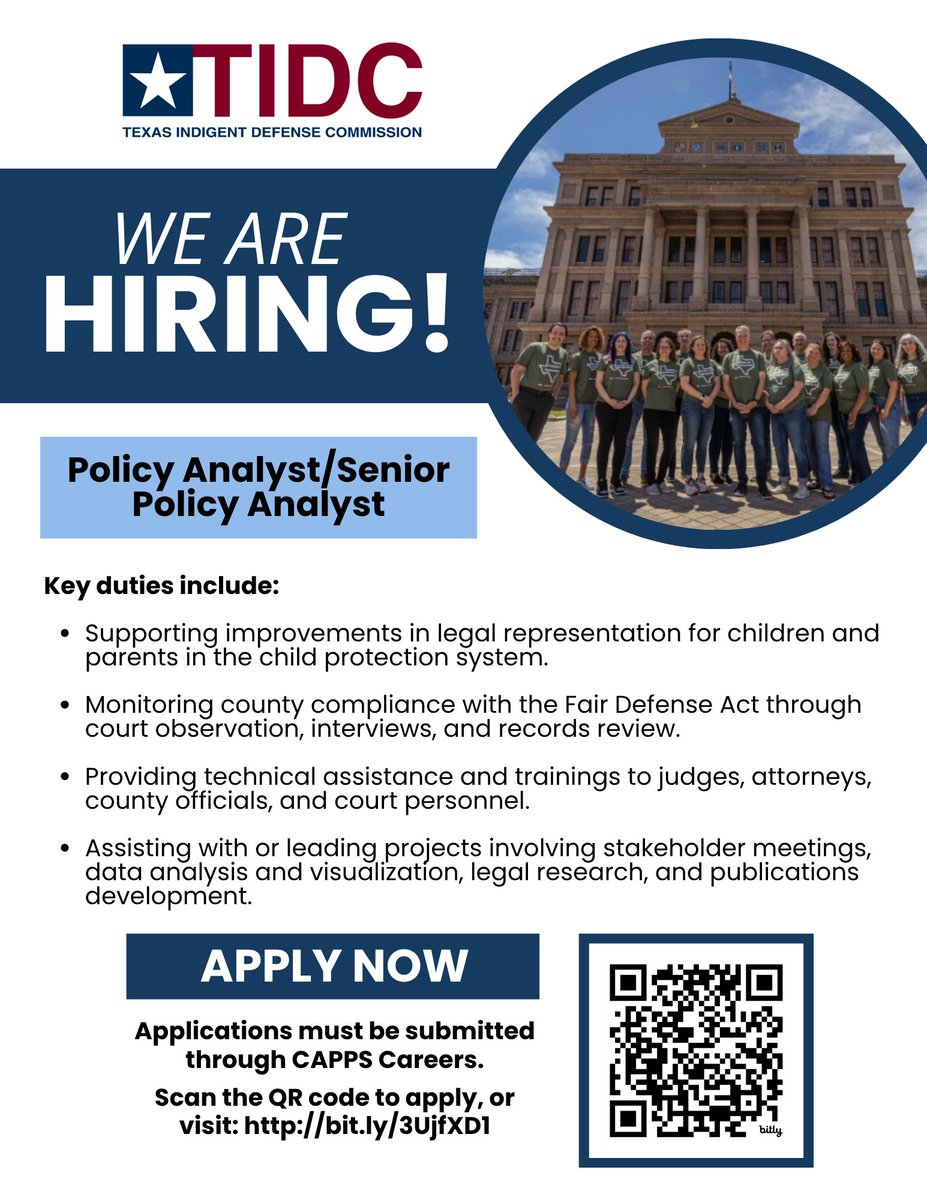 🚨 We’re hiring a Policy Analyst / Senior Policy Analyst!

Are you passionate about strengthening public defense across Texas? Help shape policies that make a real difference.

Applications are open through August 19, 2025.

Apply through CAPPS Careers: bit.ly/3UjfXD1