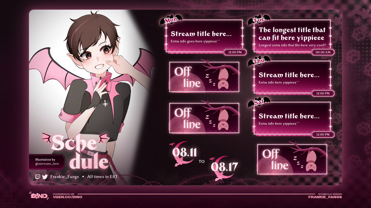DINONESIE's tweet photo. stream schedule for @Frankie_Fangs 🦇🩷
— ✮⋆｡°✩⋆˙ —
me and my love for pink vtubers🤞 thank you again for working with me!
⤷ #VTuberAssets #VGenComm https://t.co/0xHCPhysWQ