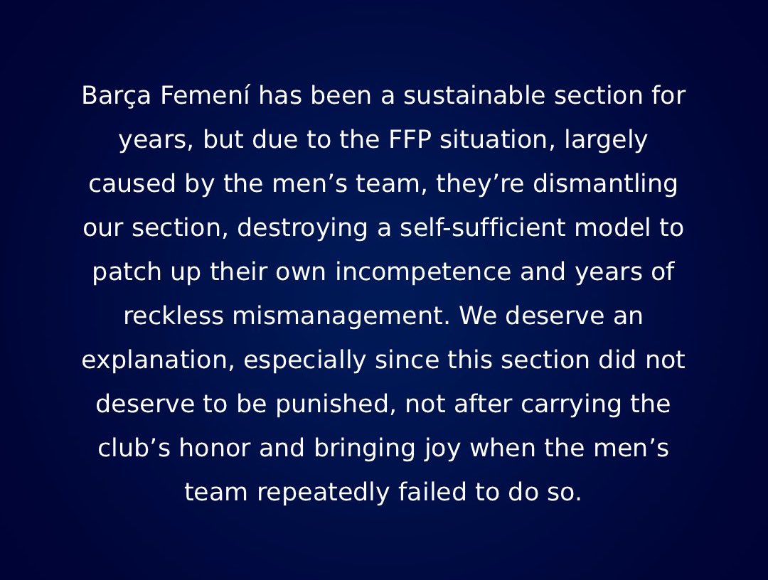Barça Femení (@barcafem) on Twitter photo Enough! This situation is unacceptable. <a href="/FCBfemeni/">FC Barcelona Femení</a> <a href="/JoanLaportaFCB/">Joan Laporta Estruch🎗</a> <a href="/Fortelena/">Elena Fort 💜 💙❤️</a> <a href="/xavier_puig/">Xavier Puig Hernandez</a> Enough! This situation is unacceptable. <a href="/FCBfemeni/">FC Barcelona Femení</a> <a href="/JoanLaportaFCB/">Joan Laporta Estruch🎗</a> <a href="/Fortelena/">Elena Fort 💜 💙❤️</a> <a href="/xavier_puig/">Xavier Puig Hernandez</a>