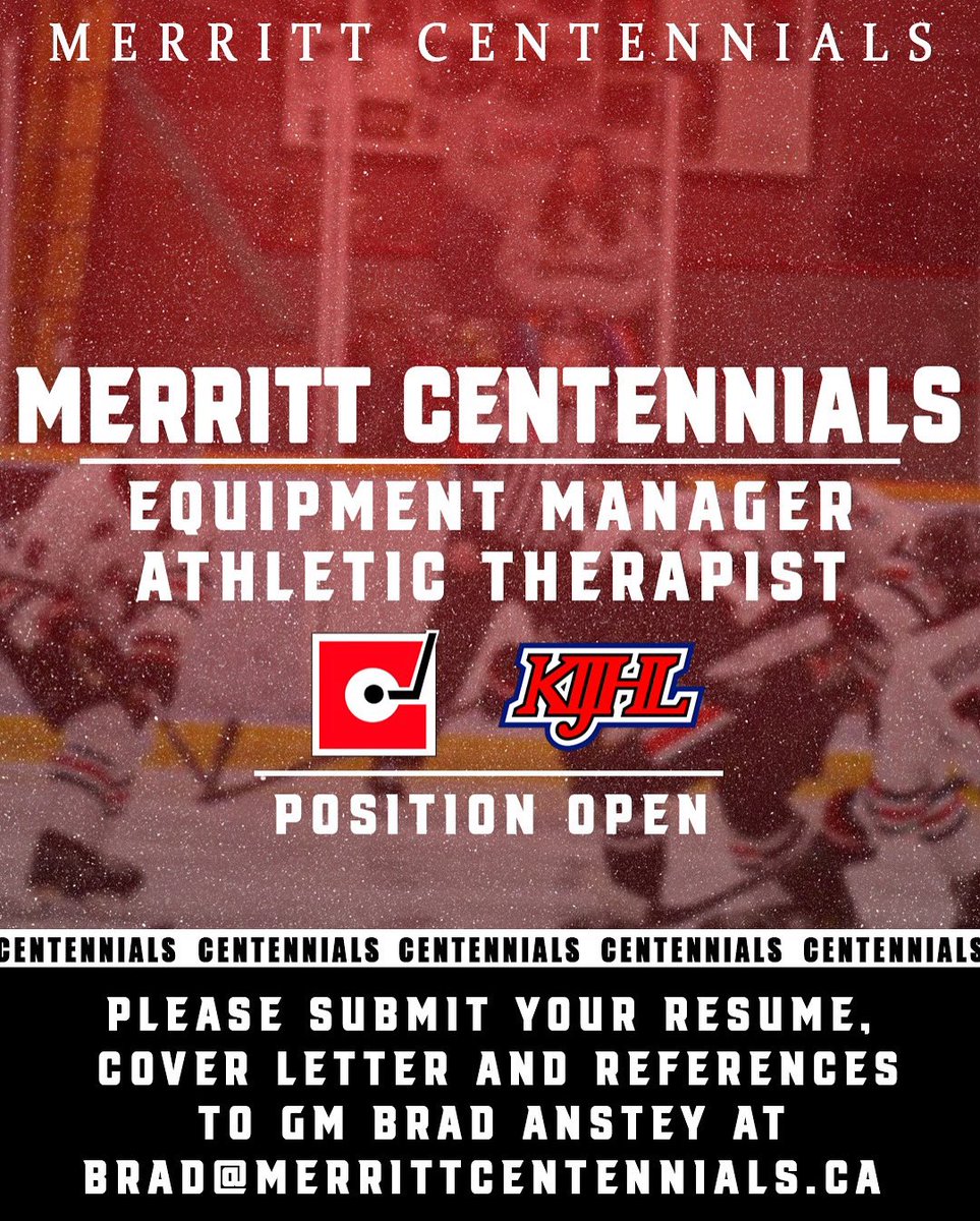 The Merritt Centennials are looking for an Athletic Therapist &amp; Equipment Manager to join our team!

Please submit your resume, cover letter, and references to Brad Anstey, General Manager at brad@merrittcentennials.ca.

More info at merrittcentennials.ca/employment-opp…