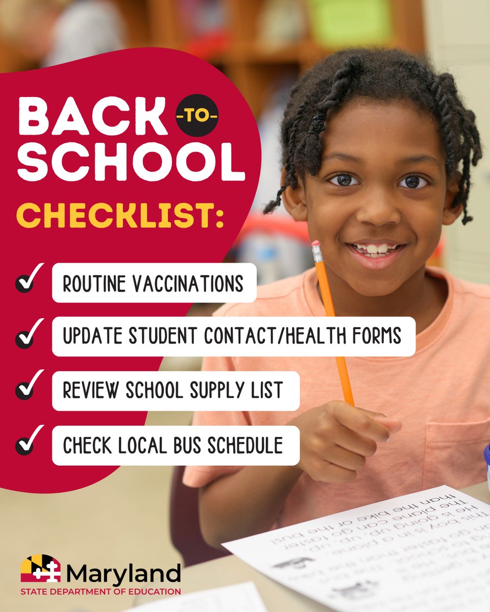 Parents &amp; Guardians: The new school year is just around the corner. Be prepared with our back-to-school checklist:

🩺  Stay up to date on recommended vaccinations 
☎️ Update required student contact forms 
✏️ Review school supply lists
🚌 Check your local bus schedule 

Contact