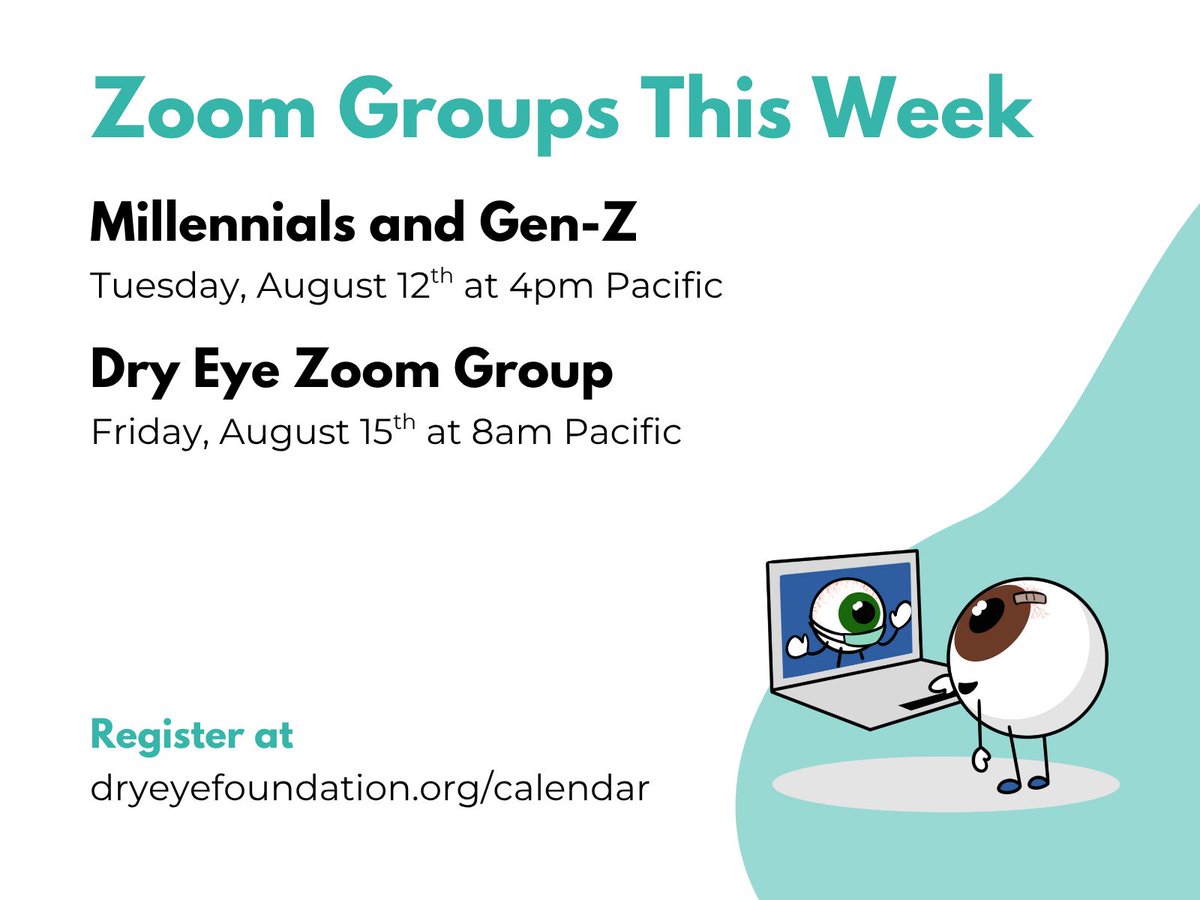 Join us on Zoom this week for two virtual support groups! 
Millennials and Gen-Z support group Tuesday at 4pm Pacific
Dry Eye Zoom Group Friday at 8am Pacific 
Register at buff.ly/bv1d4Ov

#supportgroup #zoomgroup #dryeyesupport #dryeyefoundation #optometry #ophthalmology