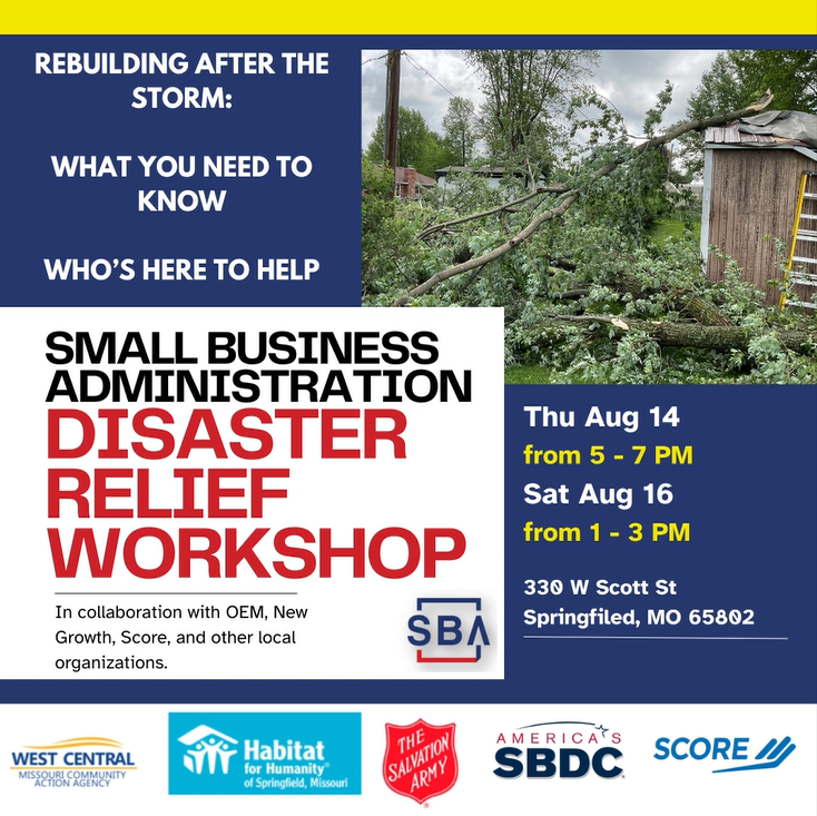 Storm recovery is hard—but you’re not alone. Join <a href="/SBA_ODRR/">SBA Office of Disaster Recovery & Resilience</a> and resource partners for a Disaster Relief Workshop in Springfield. Get 1:1 help with SBA loan applications, credit repair, and more. Aug 14 &amp; 16. #MissouriStrong
