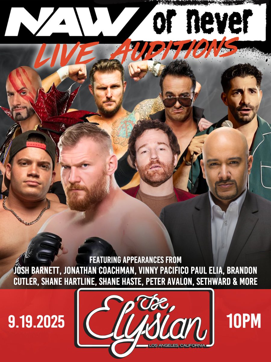SHANE HARTLINE (@shanehartline) on Twitter photo 🚨 FINAL LINEUP 🚨
Fri 9/19 – NAW or NEVER @ Elysian Theater, LA.
New panelist: indie wrestling sensation <a href="/VinnyPacifico1/">Vinny Pacifico</a> joins Josh Barnett, Jonathan “The Coach” Coachman, Paul Elia, Brandon Cutler, Shane Hartline, Sethward & more.
🎟 Tickets: elysiantheater.com/shows/nawornev… 🚨 FINAL LINEUP 🚨
Fri 9/19 – NAW or NEVER @ Elysian Theater, LA.
New panelist: indie wrestling sensation <a href="/VinnyPacifico1/">Vinny Pacifico</a> joins Josh Barnett, Jonathan “The Coach” Coachman, Paul Elia, Brandon Cutler, Shane Hartline, Sethward & more.
🎟 Tickets: elysiantheater.com/shows/nawornev…