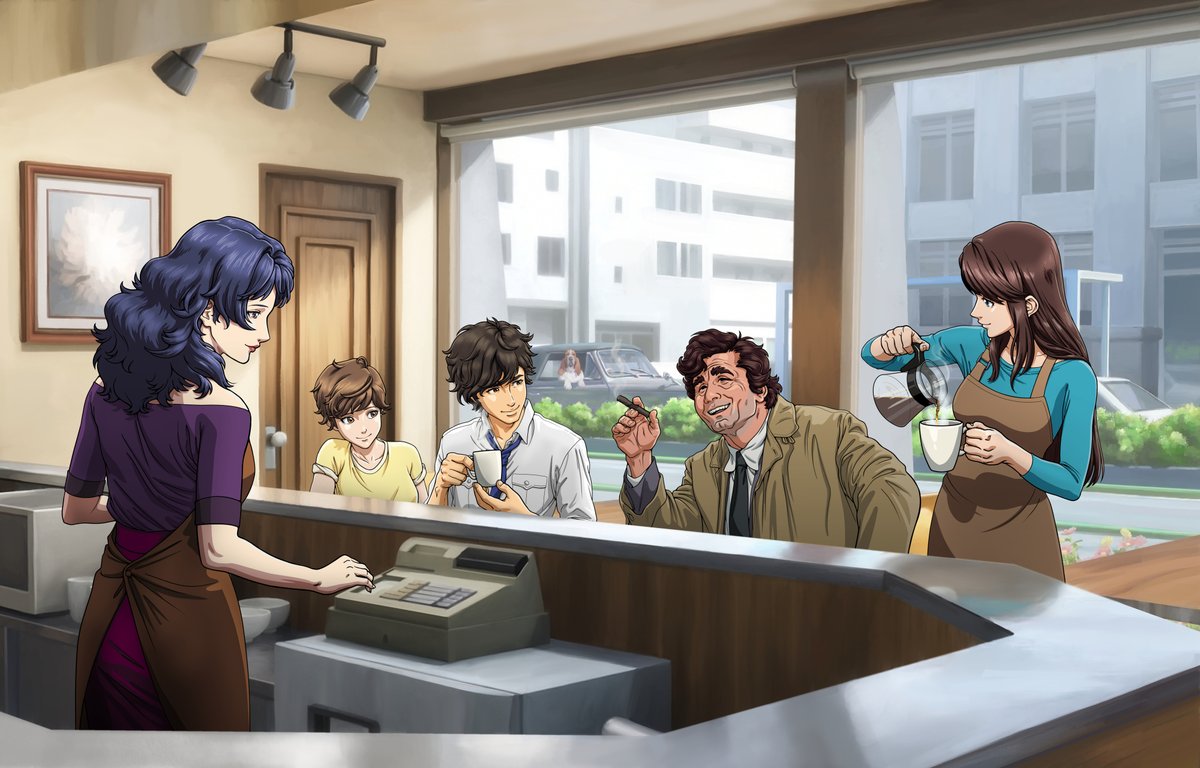 JocelynCombe's tweet photo. Commission for someone on Deviant Art. Original post here: https://t.co/G9s5SEdPLO #CatsEye #Columbo #commission #RuiKisugi #AiKisugi #HitomiKisugi #ToshioUtsumi #cafe #LieutenantColumbo https://t.co/si3zjds4UN