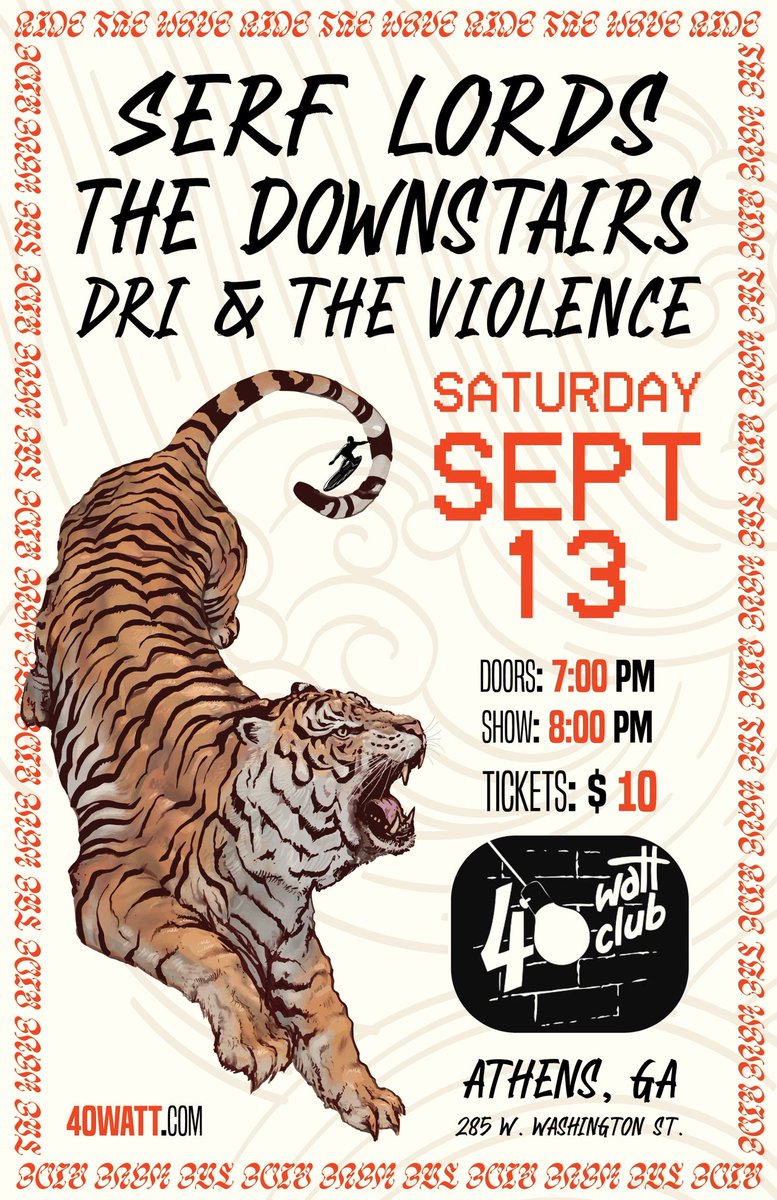 🚨 New Show Alert! 🚨
Saturday, September 13th
Serf Lords at The Downstairs with Dri &amp; The Violence 🎸⚡
💵 $10 | 🚪 Doors 7:00 | 🎶 Show 8:00 PM

￼