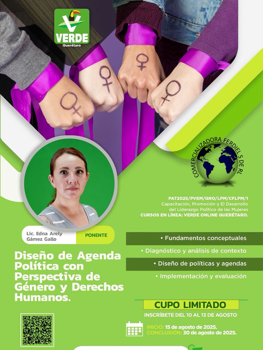 PartidoVerdeQu1's tweet photo. PAT2025/PVEM/QRO/LPM/CFLPM/1 Capacitación, Promoción y El Desarrollo del Liderazgo Político de las Mujeres, correspondiente al Ejercicio 2025. CURSOS EN LÍNEA: VERDE ONLINE QUERÉTARO.¡Inscríbete! 👉https://t.co/A3quask61H https://t.co/T9T0prABIC